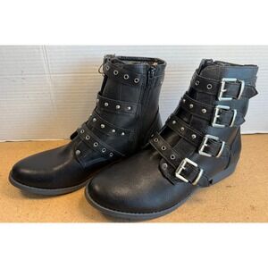 Womens Sz 9 Fergalicious by Fergie Black Studded Boots Buckle Zipper Booties EUC